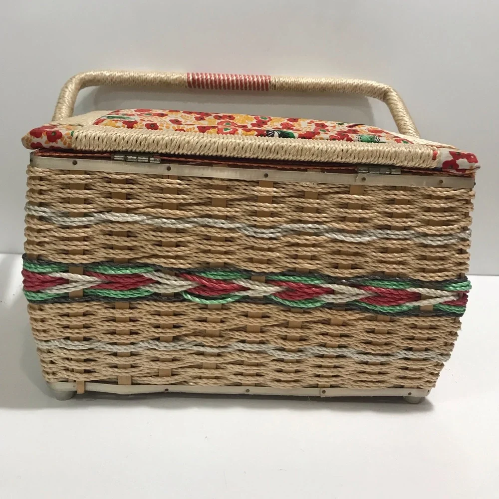 Vintage Birds & Floral Woven Wicker Sewing Basket